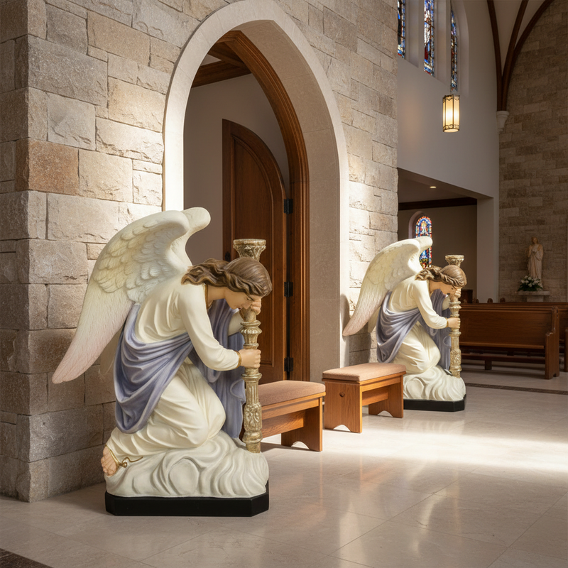 Kneeling angels in classical old world European style, holding ornate candlesticks with detailed Baroque-inspired accents. Side Angle