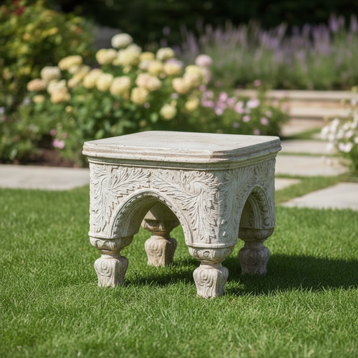 Ornate old world European stool with classical arches, intricate Baroque carvings, and four sculpted legs in a medieval style. Side Angle