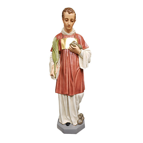 Saintly figure in classical Renaissance style robes, holding a palm frond and book, standing on an ornate pedestal. Side View