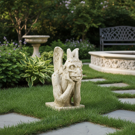 Gargoyle statue with wings and horns in a crouched pose, featuring an expressive face and medieval Gothic ornate detailing. Side Angle