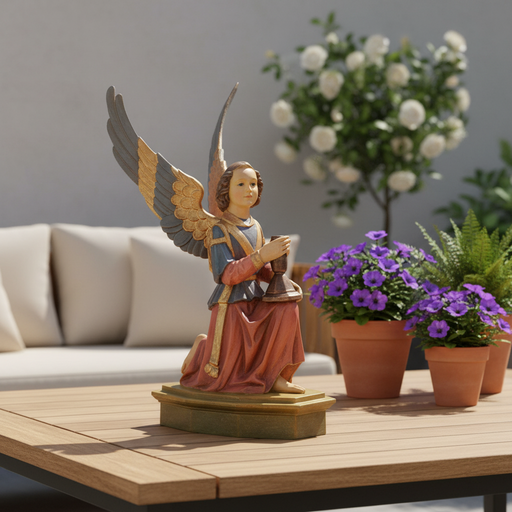Kneeling angel statue with ornate wings and classical robes, featuring old world European and Renaissance style detailing. Side Angle