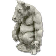 Grotesque medieval-style statue of a muscular, anthropomorphic cow with exaggerated features and an ornate, old world European design.