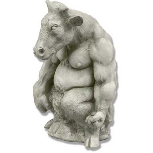 Grotesque medieval-style statue of a muscular, anthropomorphic cow with exaggerated features and an ornate, old world European design.