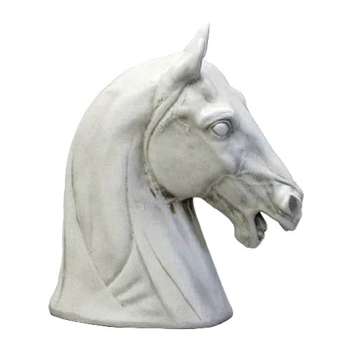 Horse head sculpture with classical Greek style, featuring detailed, lifelike features and an expressive, ornate design.