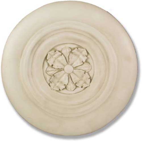 Ornate round ceiling medallion with classical old world European floral motif and raised Renaissance-style detailing.