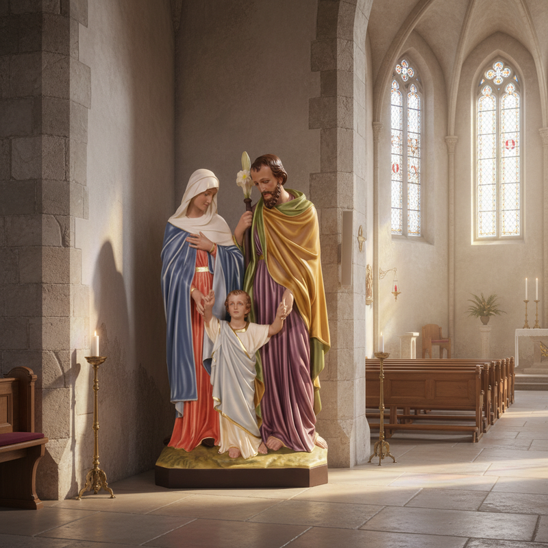Holy Family statue in classical Renaissance style, featuring ornate robes and serene, lifelike expressions in a traditional pose. Side Angle
