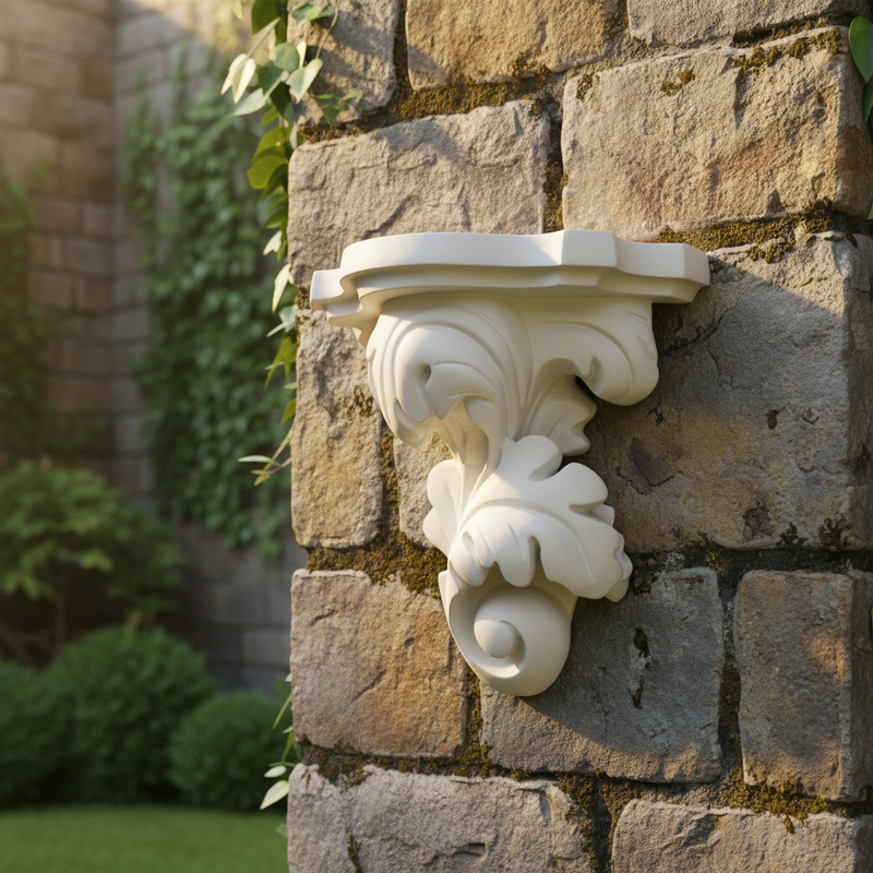 Ornate classical corbel with intricate acanthus leaf carvings in an old world European Baroque style. Side Angle