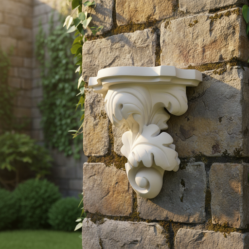 Ornate classical corbel with intricate acanthus leaf carvings in an old world European Baroque style. Side Angle