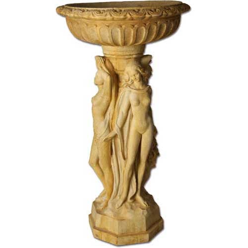 Ornate old world European pedestal birdbath with classical nude female figures and fluted bowl in Renaissance style.