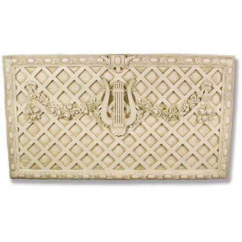Ornate old world European wall panel with lattice pattern, central lyre motif, floral garlands, and classical decorative details Side View