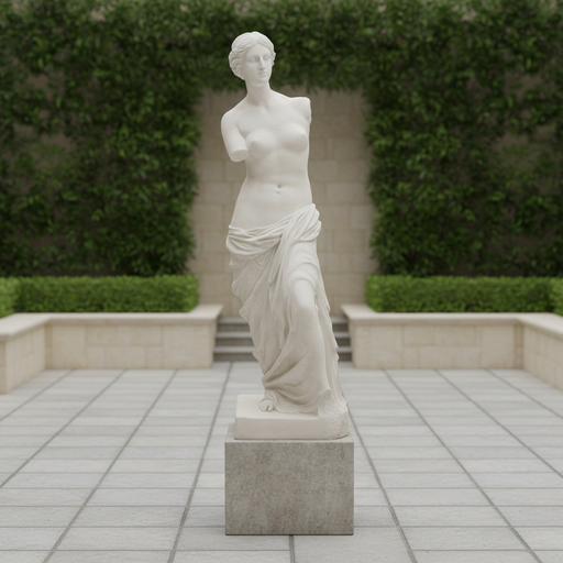 Venus de Milo statue with classical Greek style, draped lower body, armless form, and detailed, ornate sculptural features. Side Angle