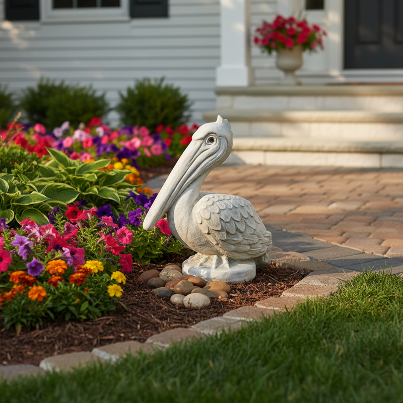 Pelican statue with detailed feathers and ornate features in an old world European classical style on a round base. Side Angle