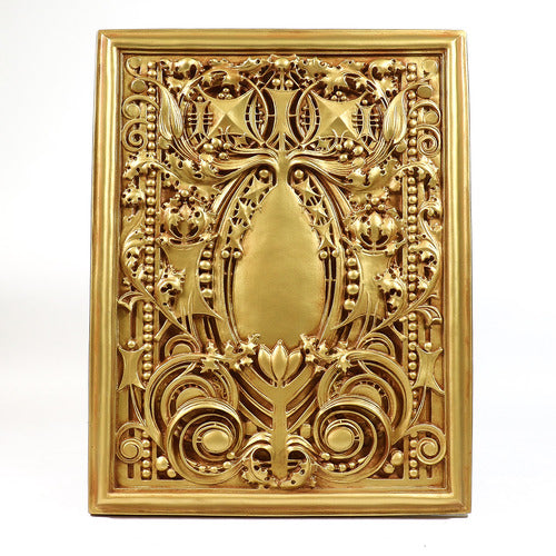 Ornate rectangular plaque with intricate Baroque scrollwork and classical old world European detailing in raised relief. Other Angle