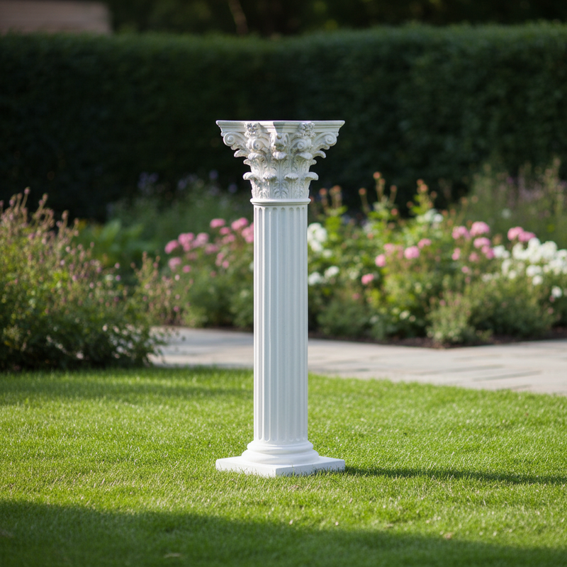 Corinthian column pedestal with fluted shaft and ornate acanthus leaf capital in classical old world European style. Side Angle