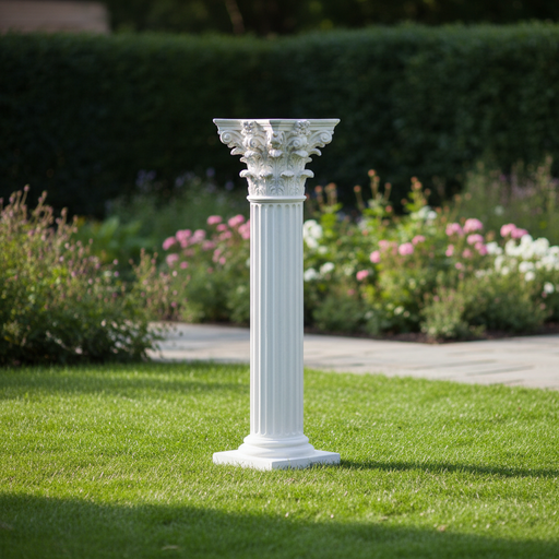 Corinthian column pedestal with fluted shaft and ornate acanthus leaf capital in classical old world European style. Side Angle