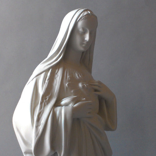 Sacred Heart Madonna statue in classical Renaissance style with flowing robes and serene expression, featuring ornate detailing. Different Angle