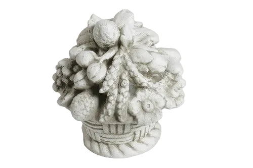 Ornate old world European fruit and floral basket sculpture with classical detailing and Baroque-inspired decorative elements
