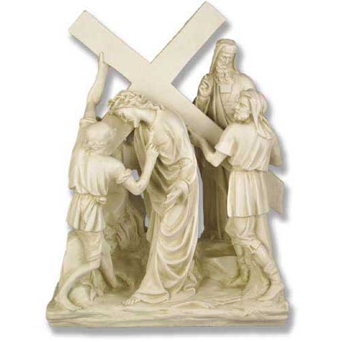 Christ carrying the cross in an ornate, classical sculpture with three figures in medieval attire, evoking old world European style. Side View