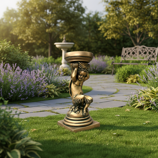 Cherub pedestal with ornate Baroque detailing, classical European style, featuring intricate sculpted accents and decorative base. Side Angle