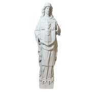 Classical European statue of a robed figure holding an ornate shield, featuring intricate medieval and Gothic detailing.