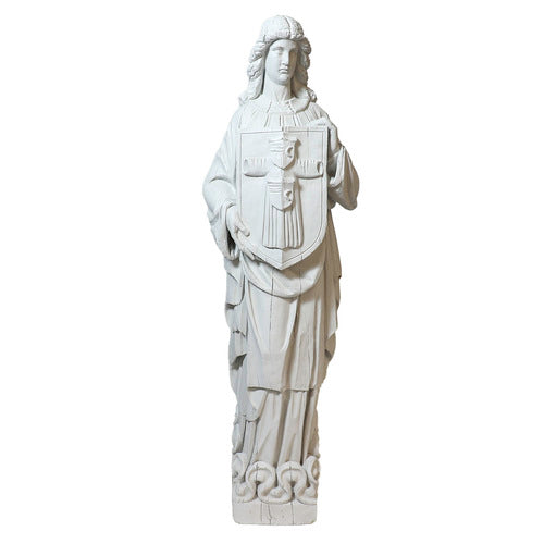 Classical European statue of a robed figure holding an ornate shield, featuring intricate medieval and Gothic detailing.
