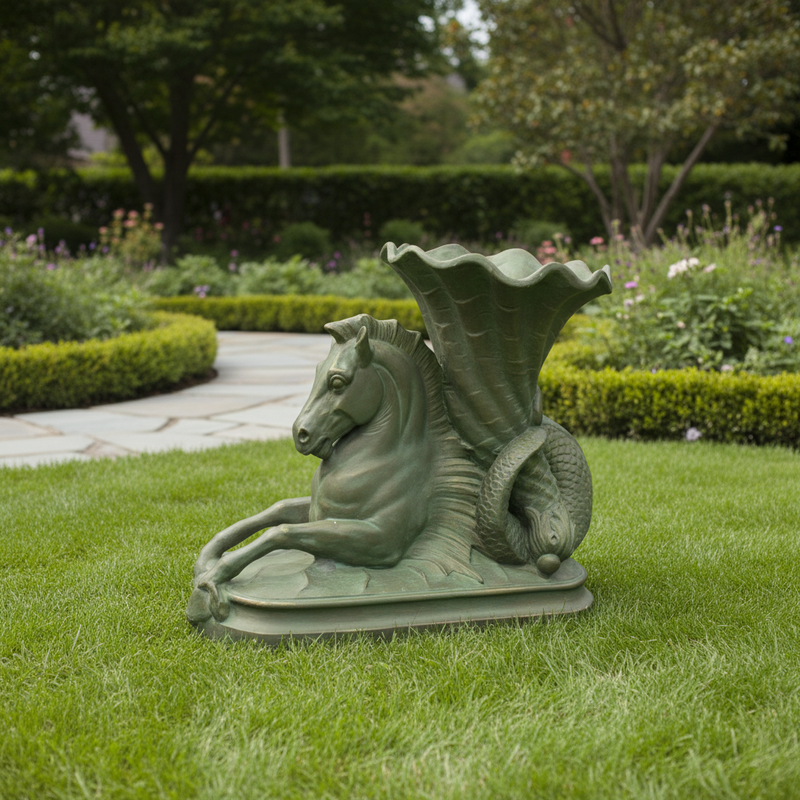 Mythical hippocampus vase with ornate, classical European detailing and flowing Baroque lines, featuring a curled fish tail. Side Angle