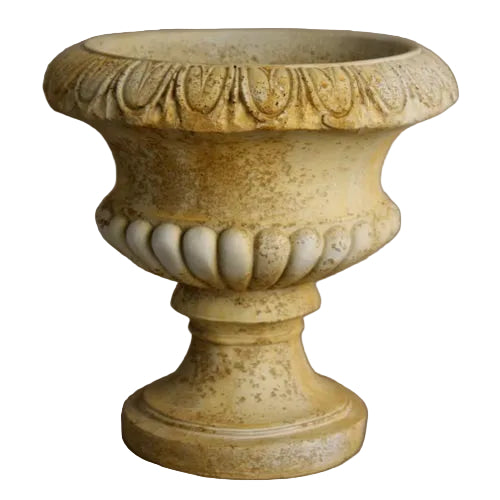 Ornate old world European urn with classical fluted details and Baroque-inspired decorative rim on a pedestal base.