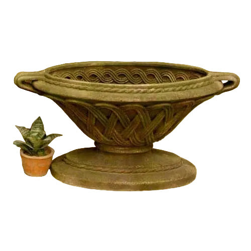 Ornate old world European urn with classical braided detailing and pedestal base, featuring intricate Renaissance-inspired patterns.