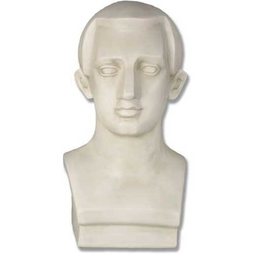 Classical Greek-style bust with smooth features, symmetrical face, and minimalist old world European sculptural details.