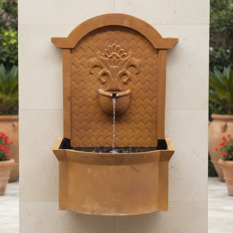 Wall fountain with ornate old world European design, arched top, classical floral motif, and woven basket detail. Side Angle