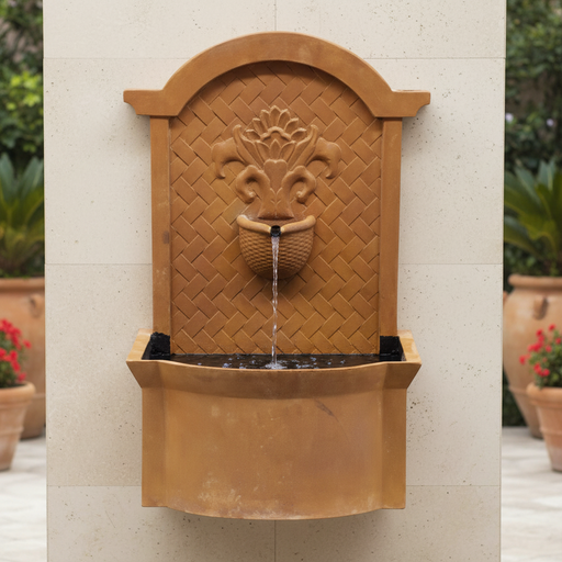 Wall fountain with ornate old world European design, arched top, classical floral motif, and woven basket detail. Side Angle