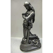 Kneeling medieval knight in ornate armor, hands clasped in prayer, classical old world European style with Gothic detailing. Different Angle