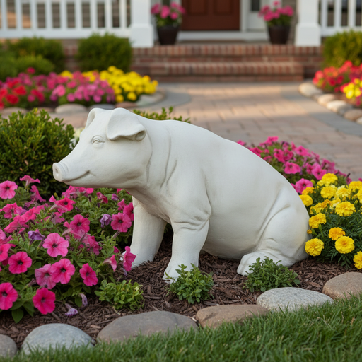 Seated pig statue with classical old world European style, featuring gentle curves and subtle, ornate detailing. Side Angle
