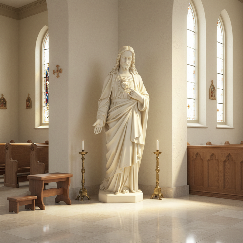 Sacred Heart of Jesus statue in classical old world European style with flowing robes and ornate detailing, standing on a pedestal. Side Angle