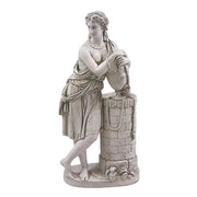 Classical European statue of a woman in draped attire leaning on a stone well with ornate, Renaissance-inspired detailing.
