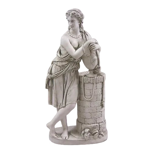 Classical European statue of a woman in draped attire leaning on a stone well with ornate, Renaissance-inspired detailing.