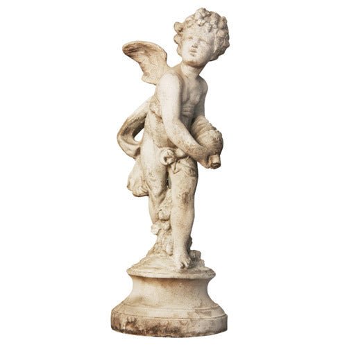 Standing Cherub Holding A Shell On A Round Base. Outdoor Statue (24 - Inch) - Bella Statues