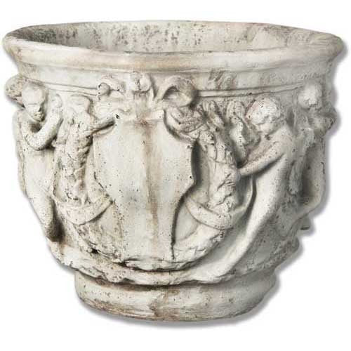 Ornate old world European planter with classical relief of cherubs and shields in a Baroque architectural style.