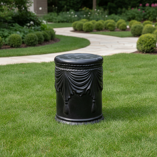 Ornate cylindrical stool with classical draped swag detailing and tassels, inspired by old world European and Baroque design elements. Side Angle