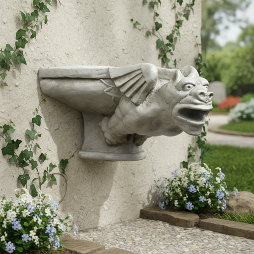 Gothic gargoyle waterspout with outstretched wings, fierce expression, and ornate medieval detailing. Side Angle