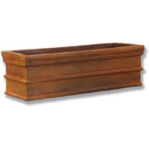Rectangular planter box with classical old world European design and ornate linear detailing along the edges.