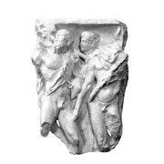 Classical Greek relief sculpture featuring three nude male figures in dynamic poses with detailed, ornate facial expressions.