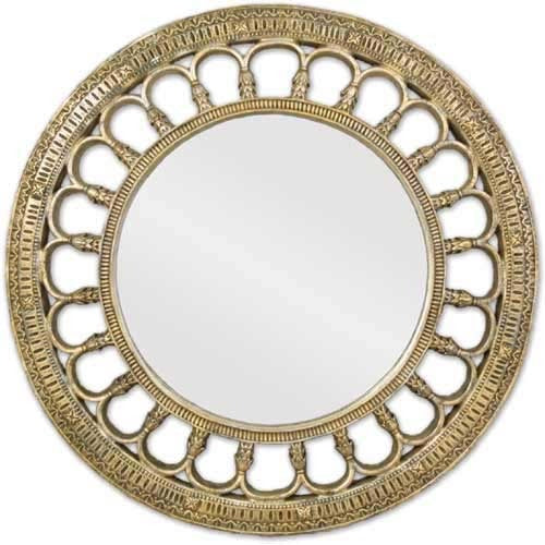 Round mirror with ornate, old world European frame featuring intricate Baroque arches and classical decorative detailing.