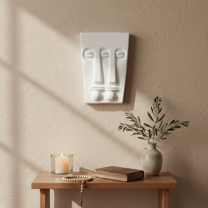 Abstract old world European wall sculpture featuring minimalist, geometric facial features with classical and modernist influences. Side Angle