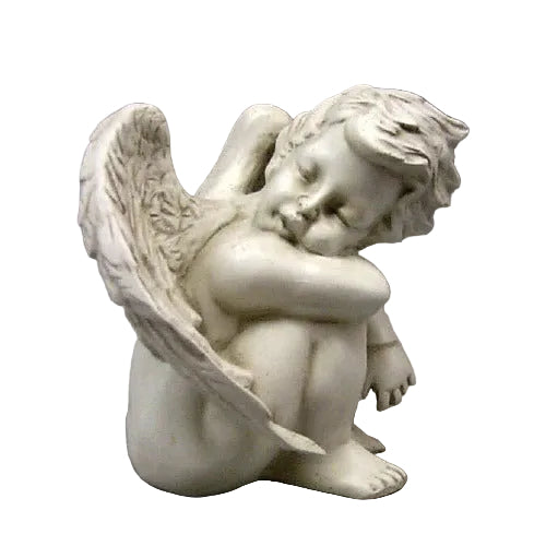 Sleeping cherub statue with detailed wings, curled pose, and classical old world European style, evoking Renaissance and Baroque themes.