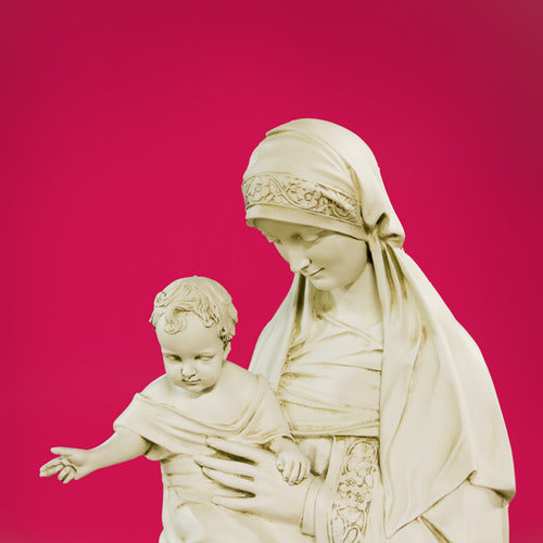 Madonna and Child statue in classical Renaissance style with ornate drapery and serene facial expressions. Additional Angle