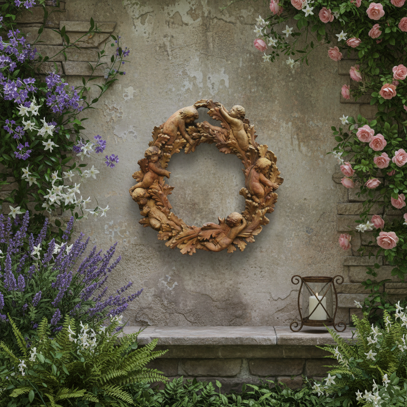Ornate Baroque wreath with cherubs and intricate leaf detailing in an old world European style. Side Angle