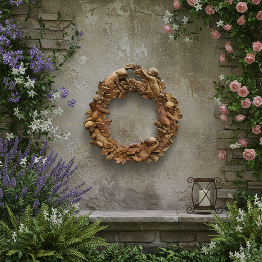 Ornate Baroque wreath with cherubs and intricate leaf detailing in an old world European style. Side Angle