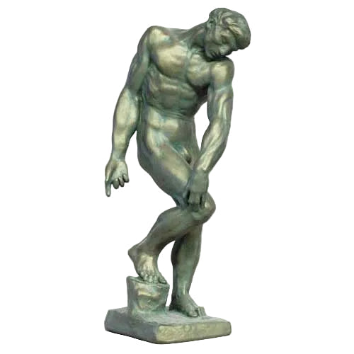 Classical Greek-style male nude statue in a contrapposto pose with detailed musculature and an expressive, contemplative stance.