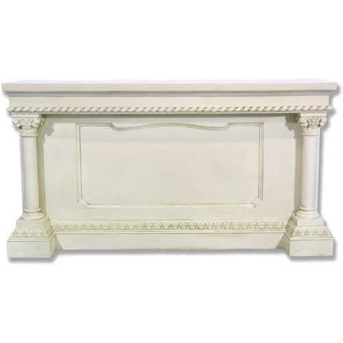 Classical console table with ornate Baroque detailing, fluted columns, and intricate old world European architectural accents.